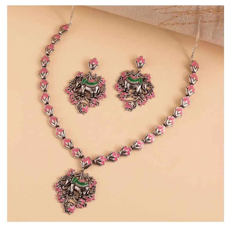 Madhubani Gajraj Garden Oxidised Enamel Necklace Set