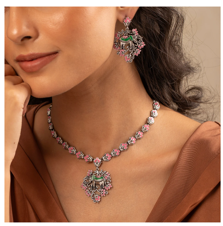 Madhubani Gajraj Garden Oxidised Enamel Necklace Set