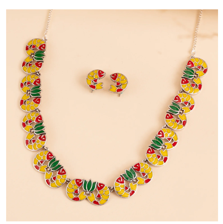 Madhubani Kamala Katha Oxidised Enamel Necklace Set